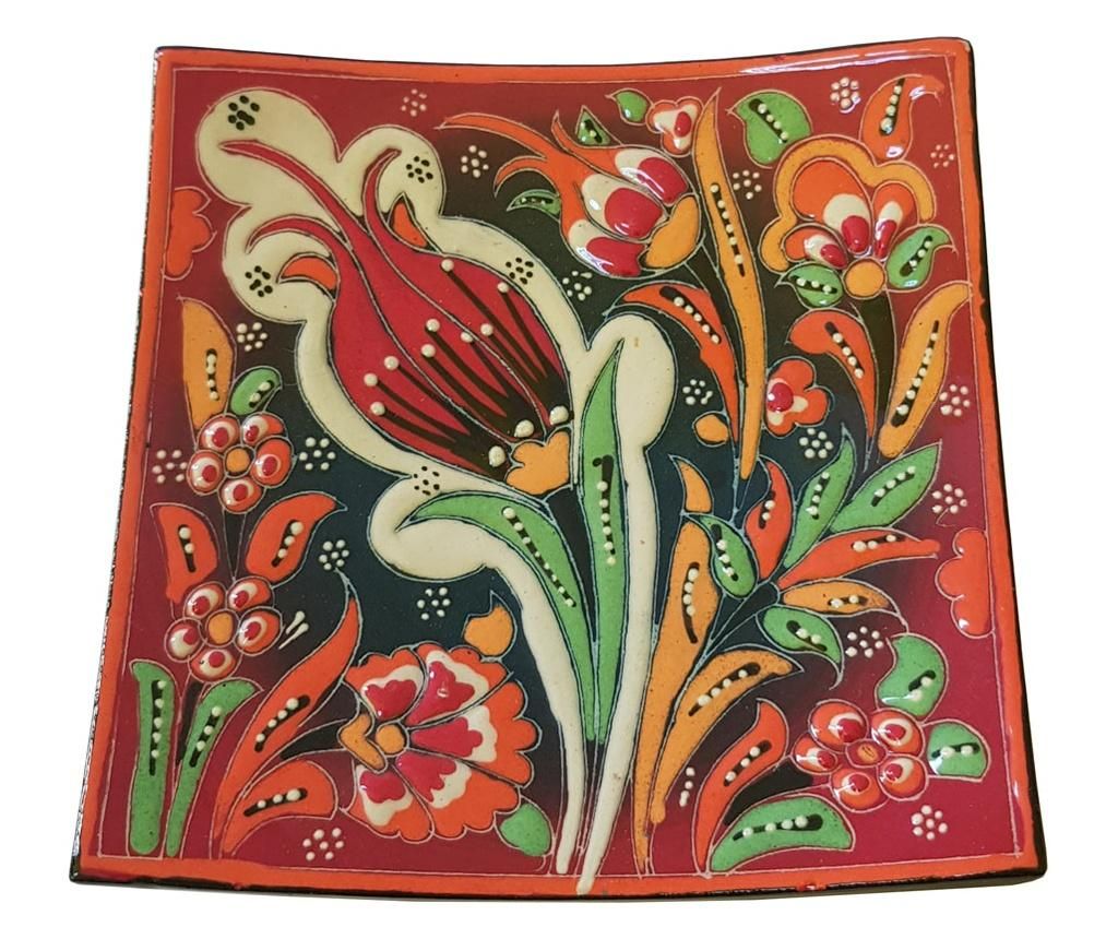 Farfurie ceramica handmade stil turcesc, 13x13 cm, Multicolor rosu cu flori, EHA - EHA