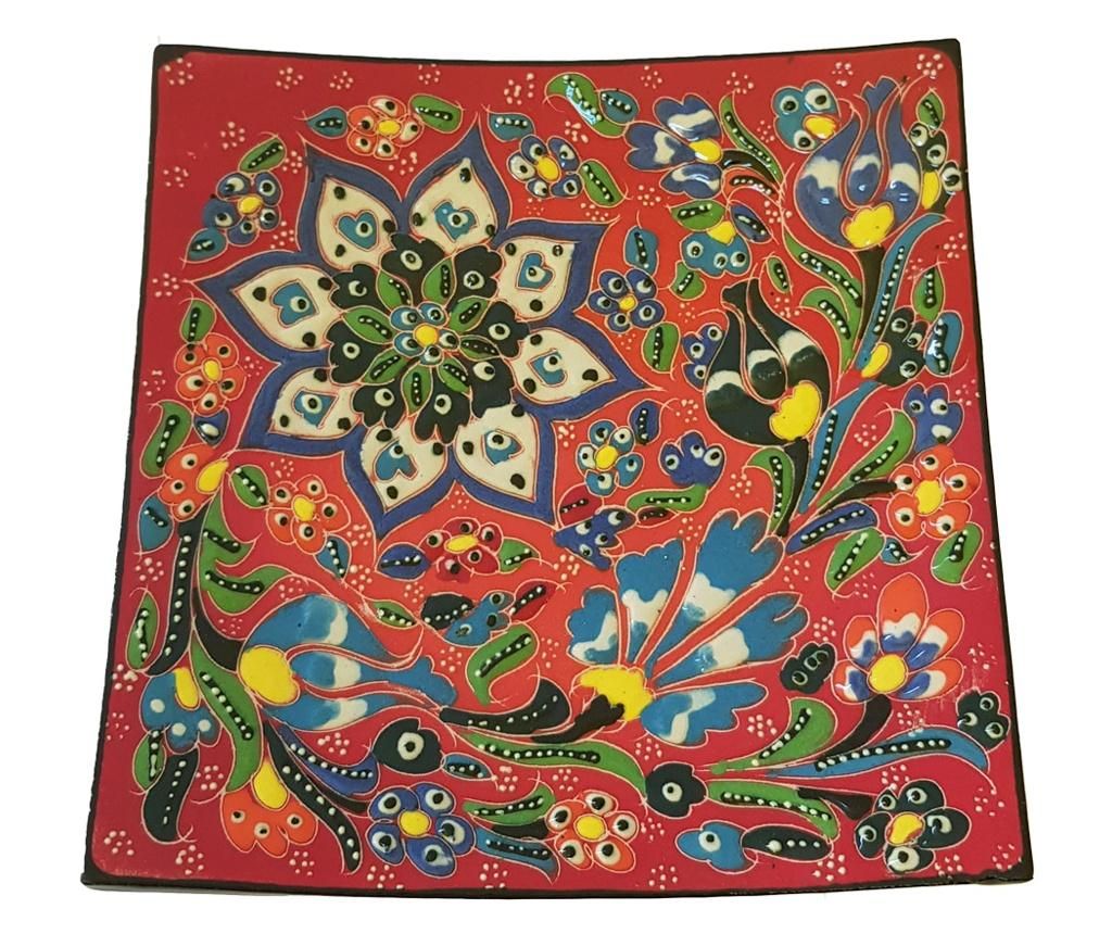 Farfurie ceramica handmade stil turcesc, 16.5x16.5 cm, Multicolor rosu cu flori, EHA - EHA