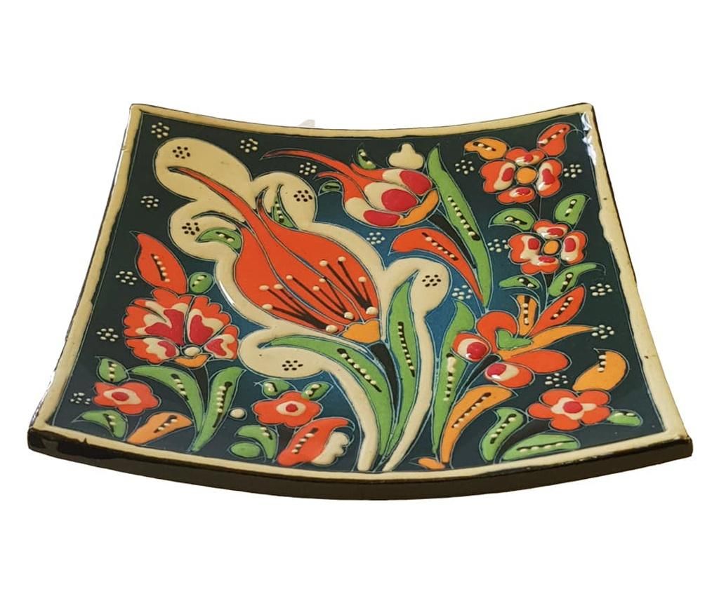 Farfurie ceramica handmade stil turcesc, 13x13 cm, Multicolor verde cu flori, EHA - EHA