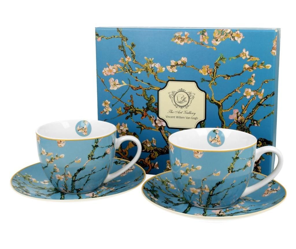 Set 2 cesti cu farfurioare Duo, Almond Blossom, Bone China, ⌀9 cm, multicolor, 280 ml - DUO, Multicolor