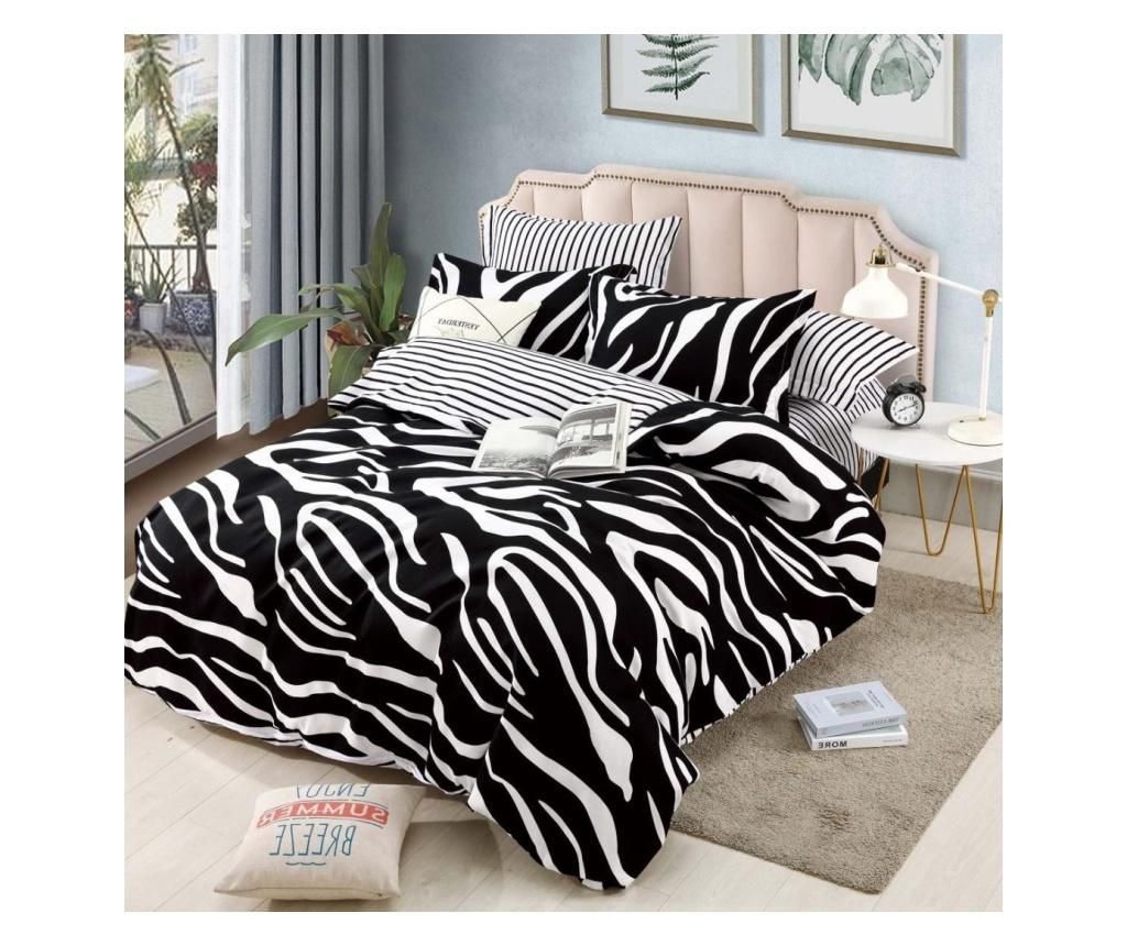 Lenjerie pat cearsaf cu elastic, pat dublu, 6 piese, 100% bumbac finet, zebra, alb/negru – JOJO HOME, Multicolor JOJO HOME imagine 2022